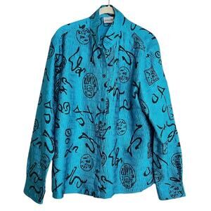 Chicos Womens Asian Inspired Blouse Size 1 M Turquoise Abstract Crinkle Shirt